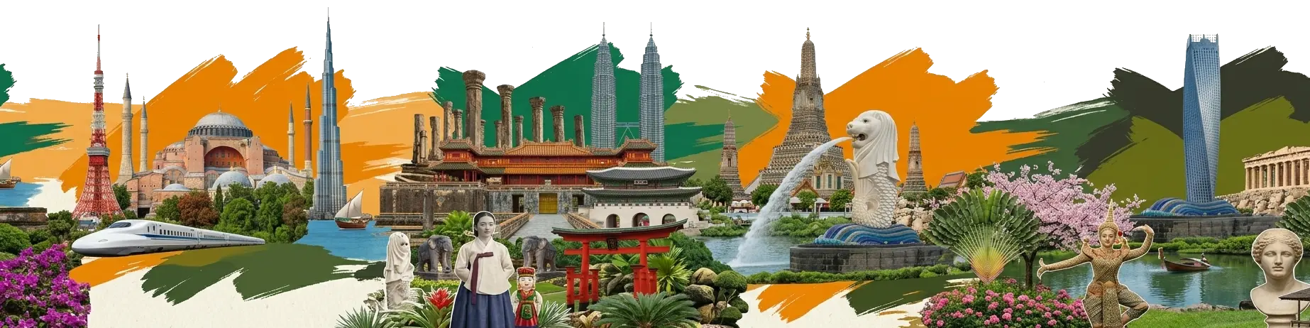 World destinations collage — Tokyo, Istanbul, Singapore, Bangkok and more
