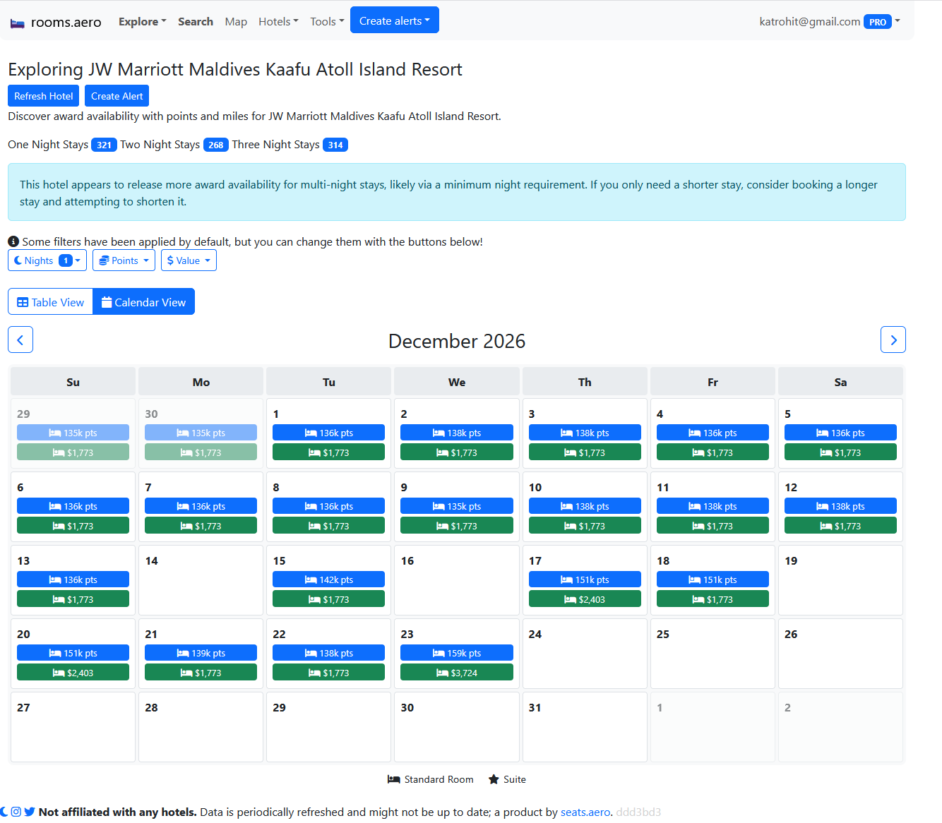 rooms.aero showing JW Marriott Maldives award availability for December 2026