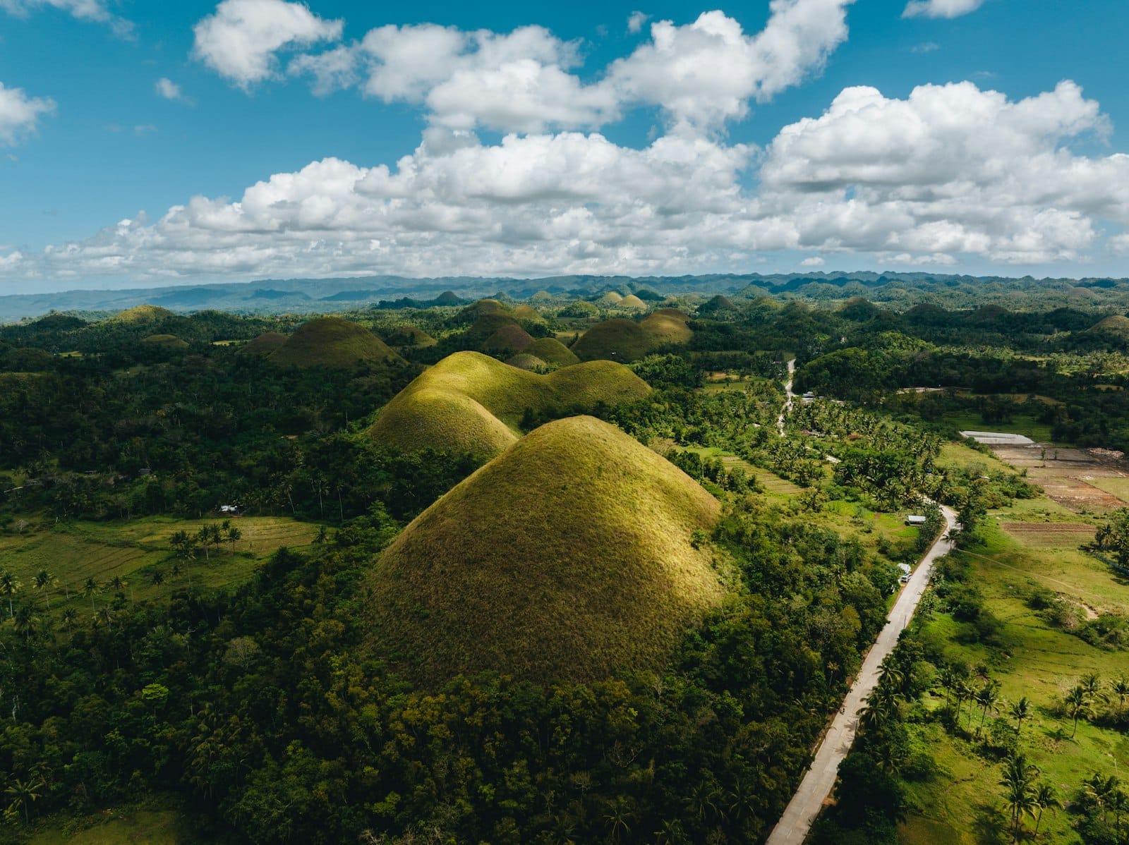 Aerial view of the grass-covered Chocolate Hills in Bohol with a road winding past