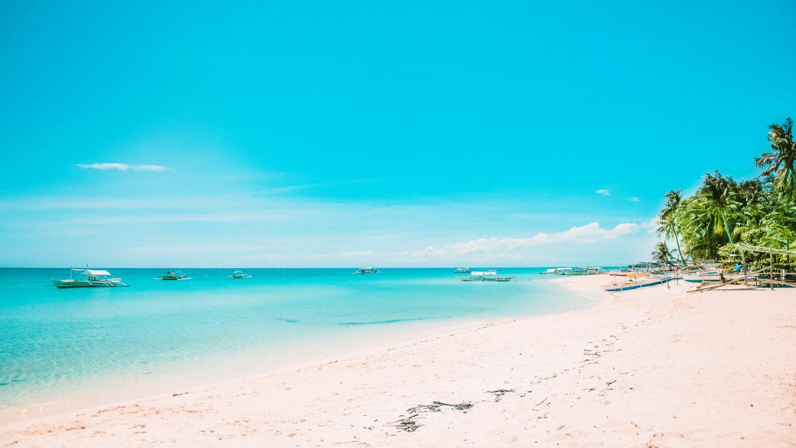 White sand beach with palm trees and bangka boats on turquoise water in the Philippines