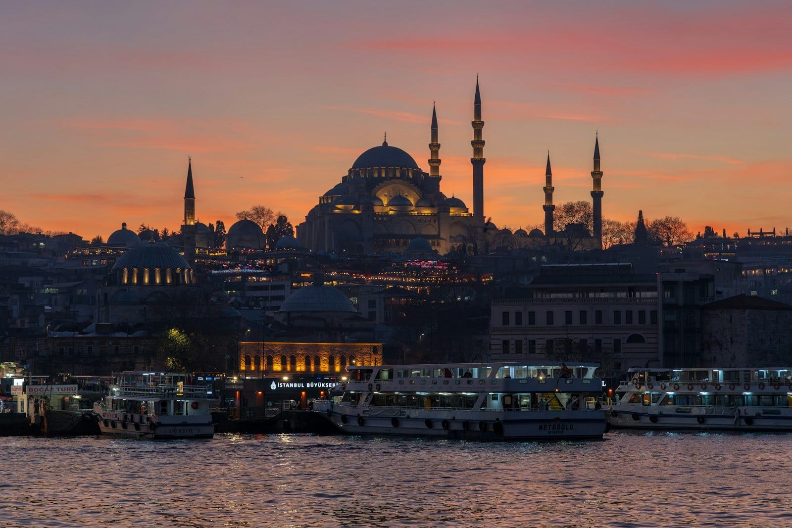 Dusk over Istanbul with mosques and ferries on the Golden Horn