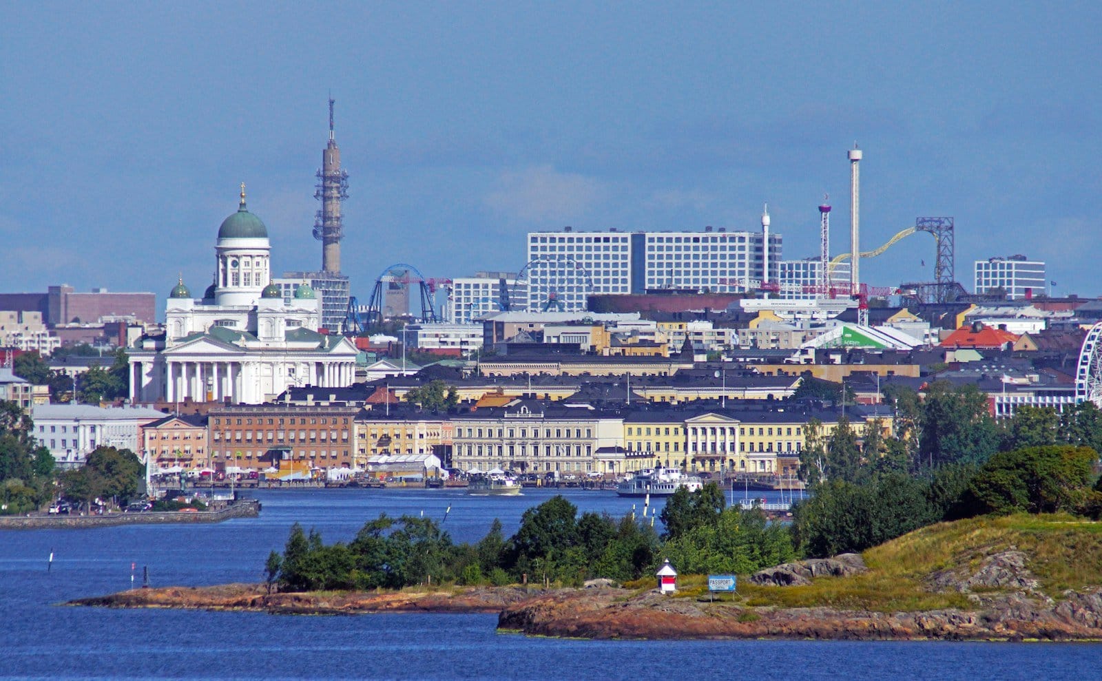 Helsinki skyline with cathedral dome seen from across the water