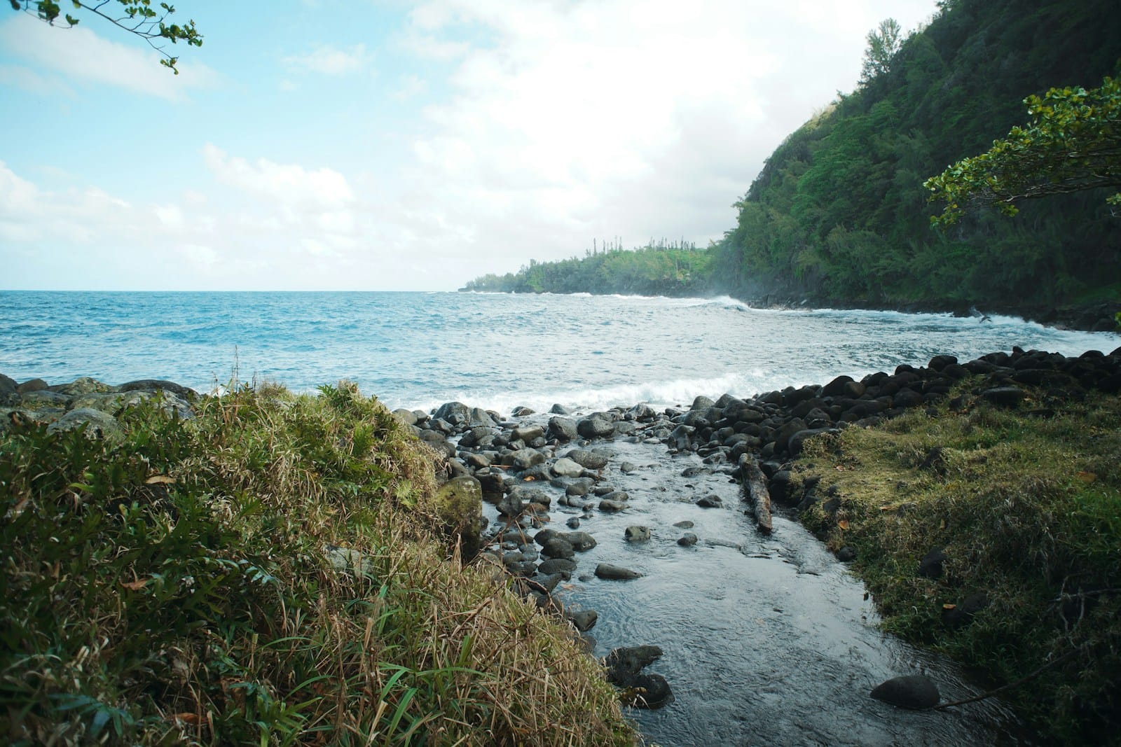 A small stream running over dark volcanic rocks into the blue ocean at Anse des Cascades, Réunion