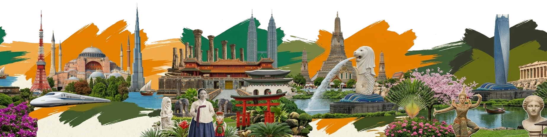 World destinations collage — Tokyo, Istanbul, Singapore, Bangkok and more